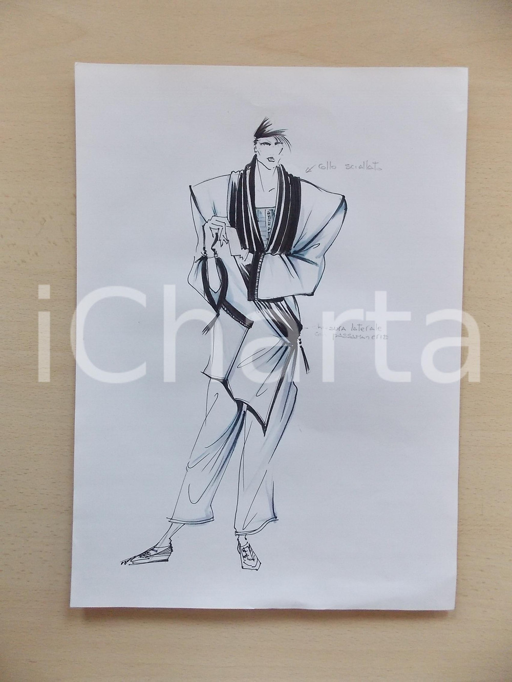 1980 ca MODA DONNA INVERNO Giacca con collo sciallato e pantalone - Bozzetto