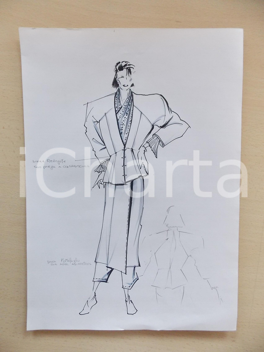 1980 ca MODA DONNA INVERNO Giacca redingote e gonna a portafoglio - Bozzetto