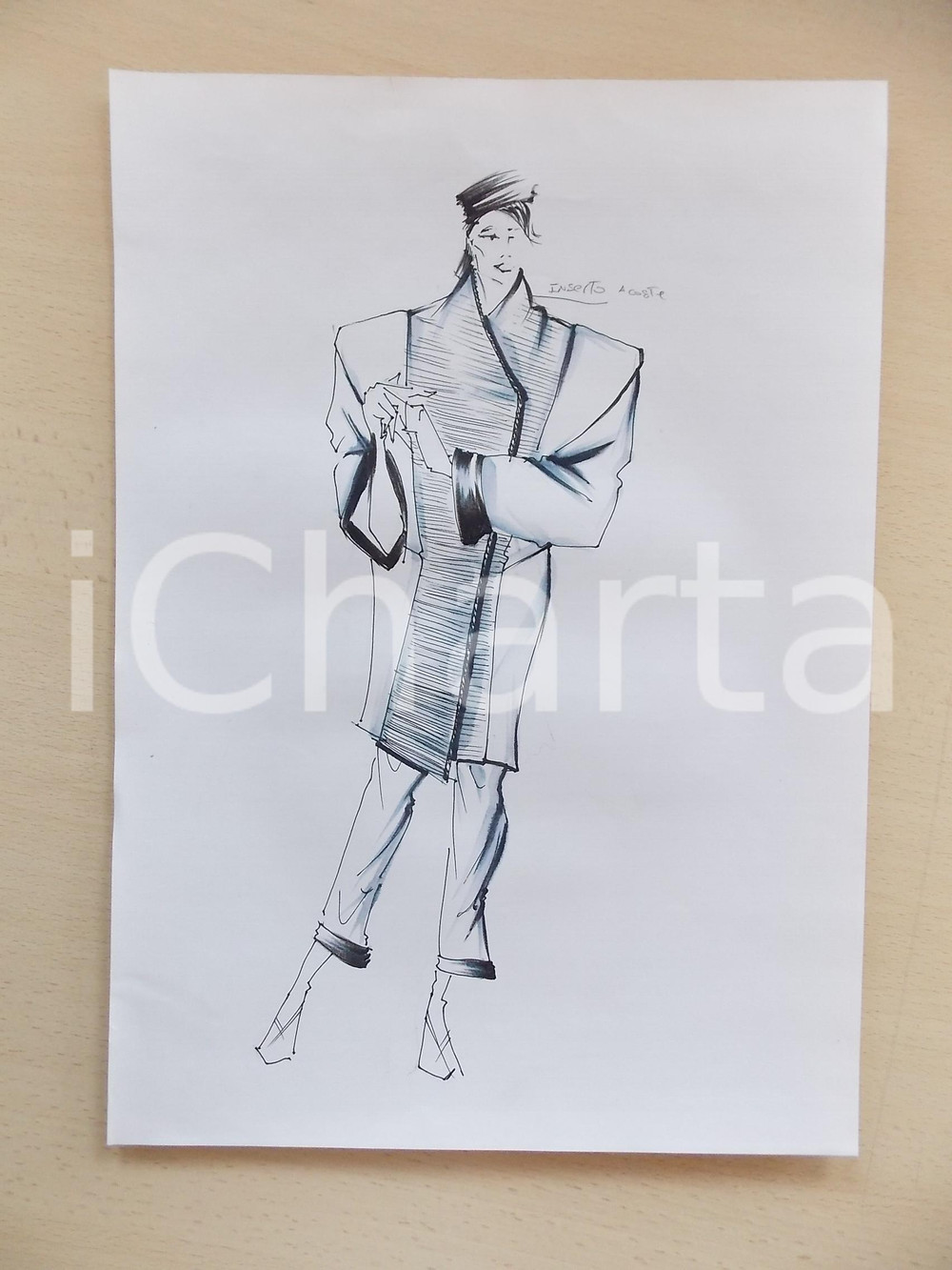 1980 ca MODA DONNA INVERNO Giacca con inserto a coste e pantalone - Bozzetto
