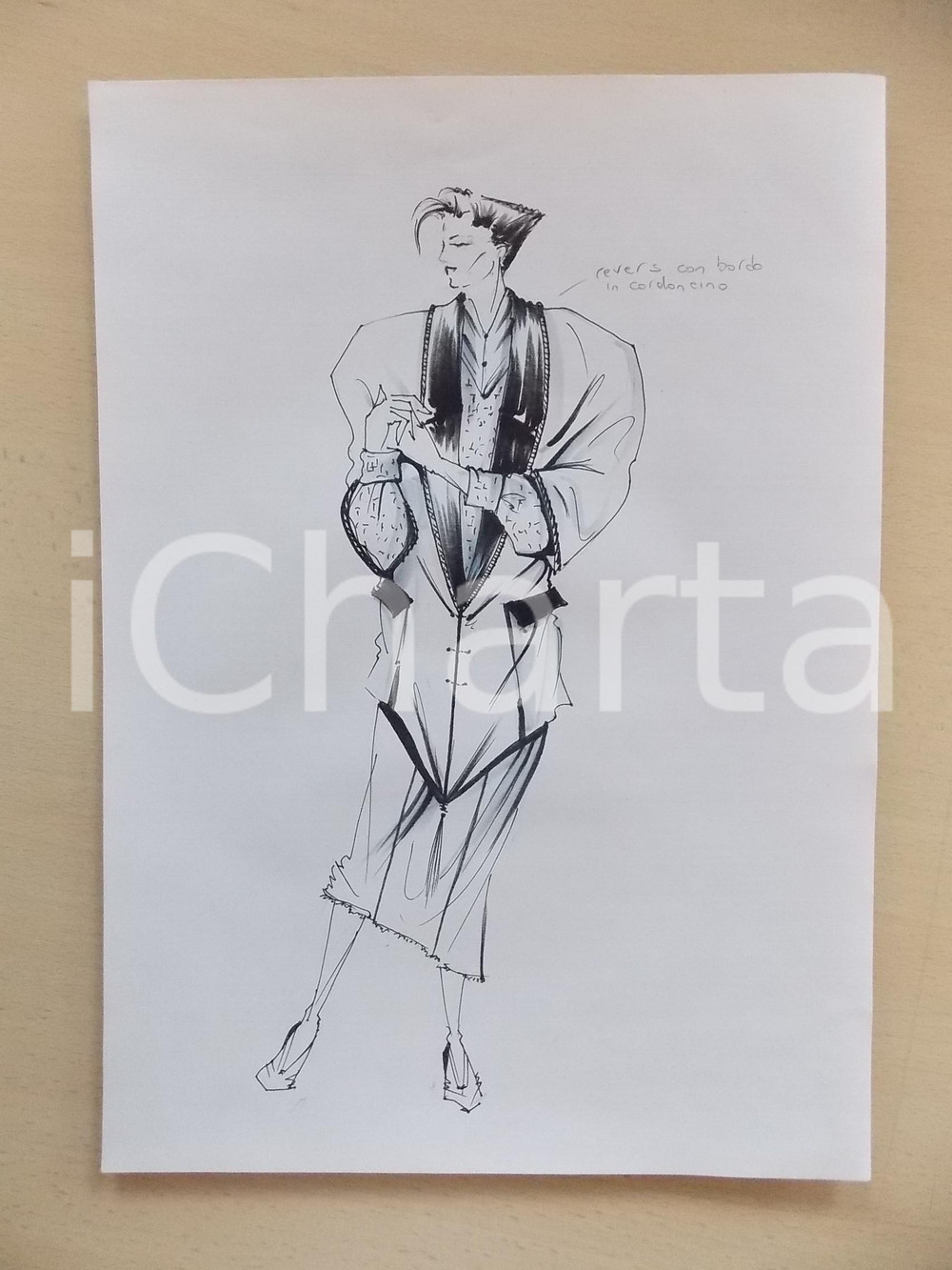 1980 ca MODA DONNA INVERNO Completo con giacca bordata in cordoncino - Bozzetto