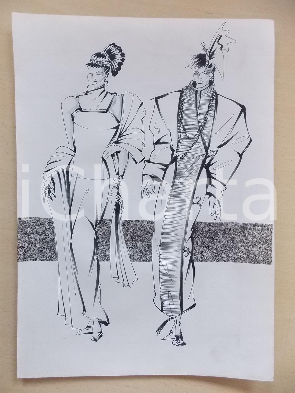 1986-87 MODA DONNA INVERNO SERA Coppia abiti lunghi con stola - Bozzetto