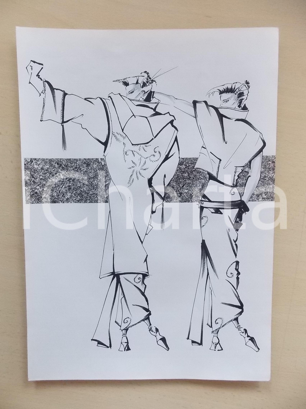 1986-87 MODA DONNA INVERNO SERA Coppia abiti lunghi con cappuccio *Bozzetto