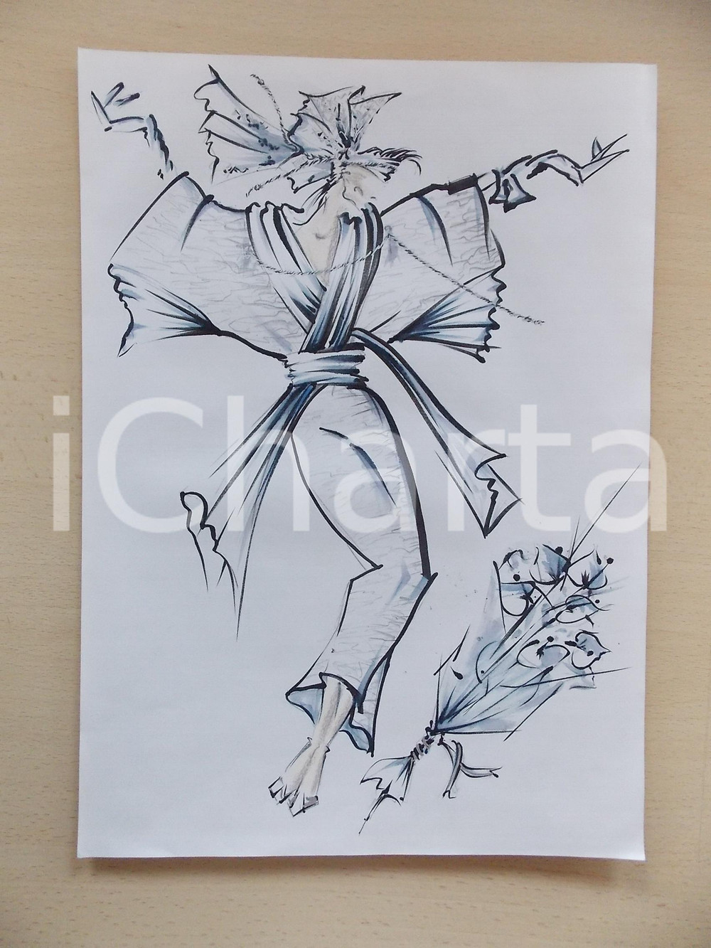 1980 ca MODA DONNA SPOSA Abito lungo con stola incrociata - Bozzetto