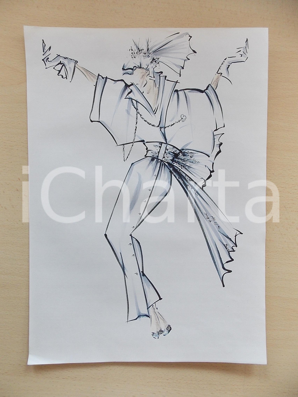 1980 ca MODA DONNA SPOSA Abito lungo con bottoni e fusciacca - Bozzetto