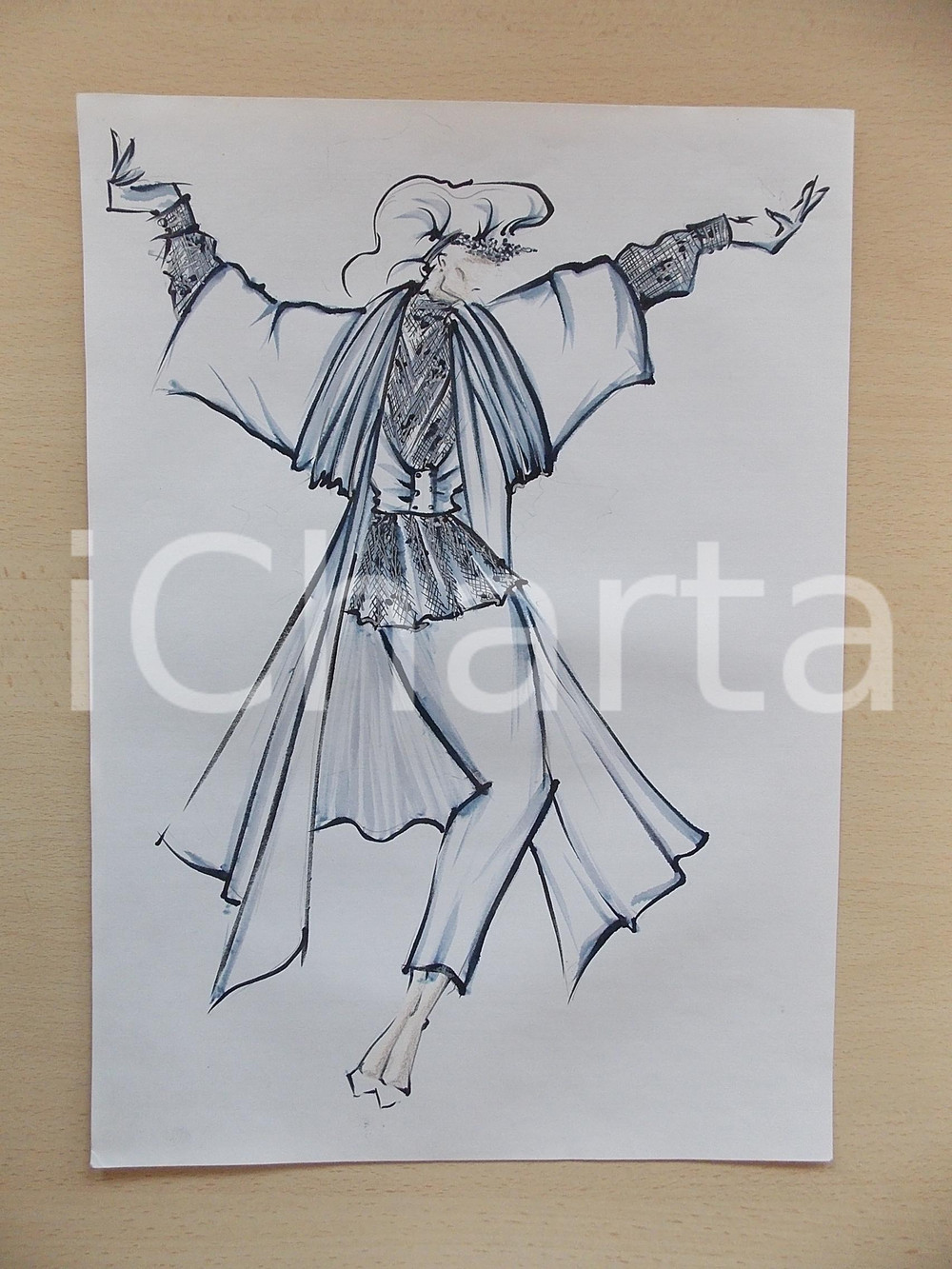 1980 ca MODA DONNA SPOSA INVERNO Abito ricamato con mantella - Bozzetto 25x35
