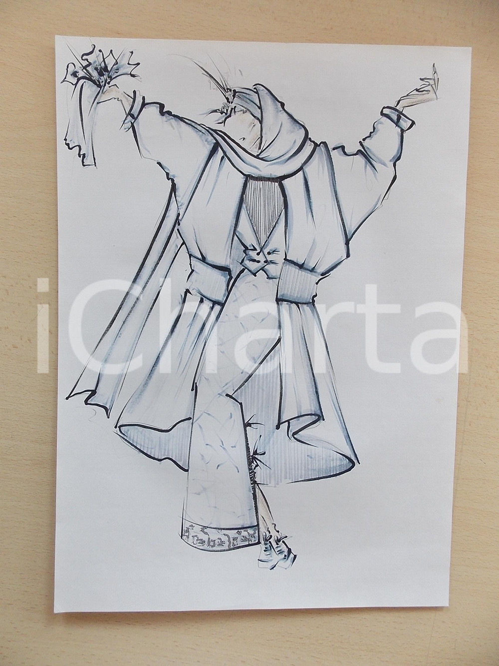 1980 ca MODA DONNA SPOSA INVERNO Abito con mantella e cappuccio - Bozzetto 25x35