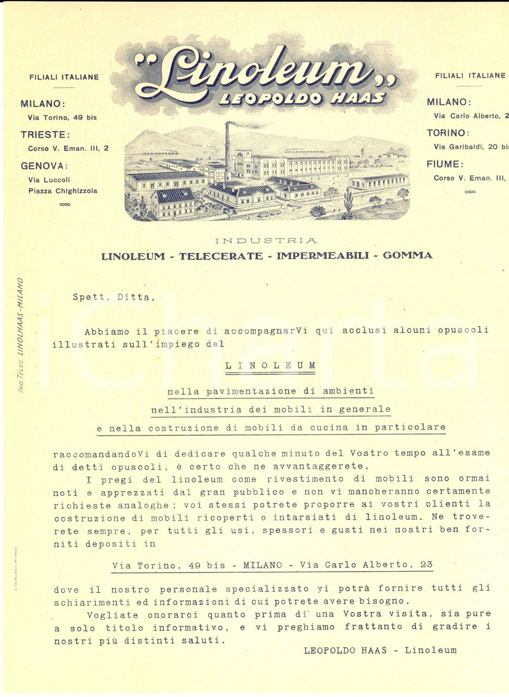 1929 MILANO Ditta LINOLEUM di Leopoldo HAAS - Lettera pubblicitaria intestata