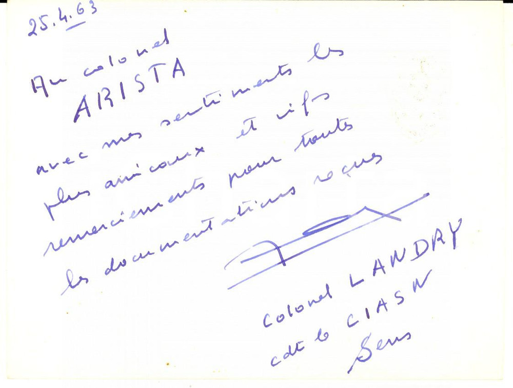 1963 CIASN SENS (FRANCE) Billet colonel LANDRY remerciements - Autographe