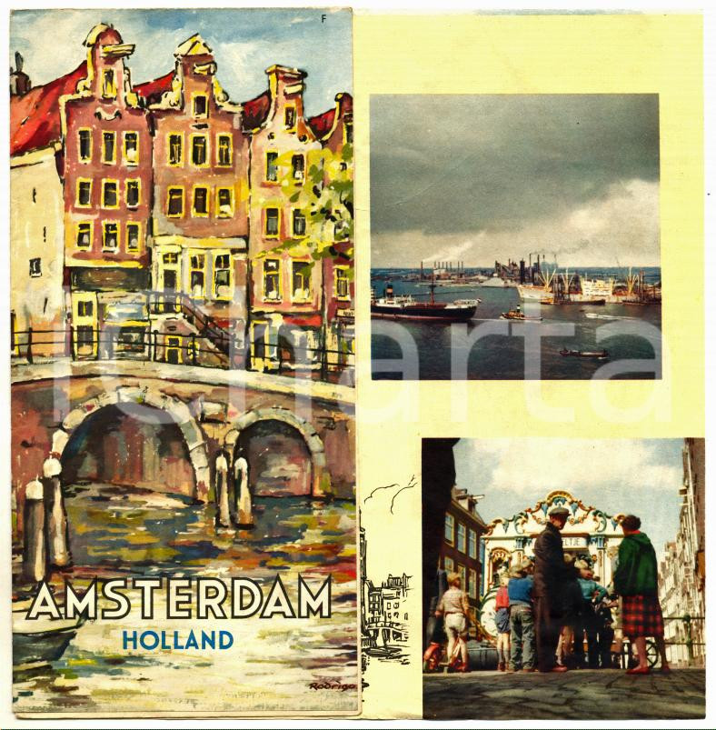 Materiale pubblicitario d’epoca 1960 ca AMSTERDAM Pieghevole turistico ILLUSTRATO con mappa della cittÃ  9x20 cm 1