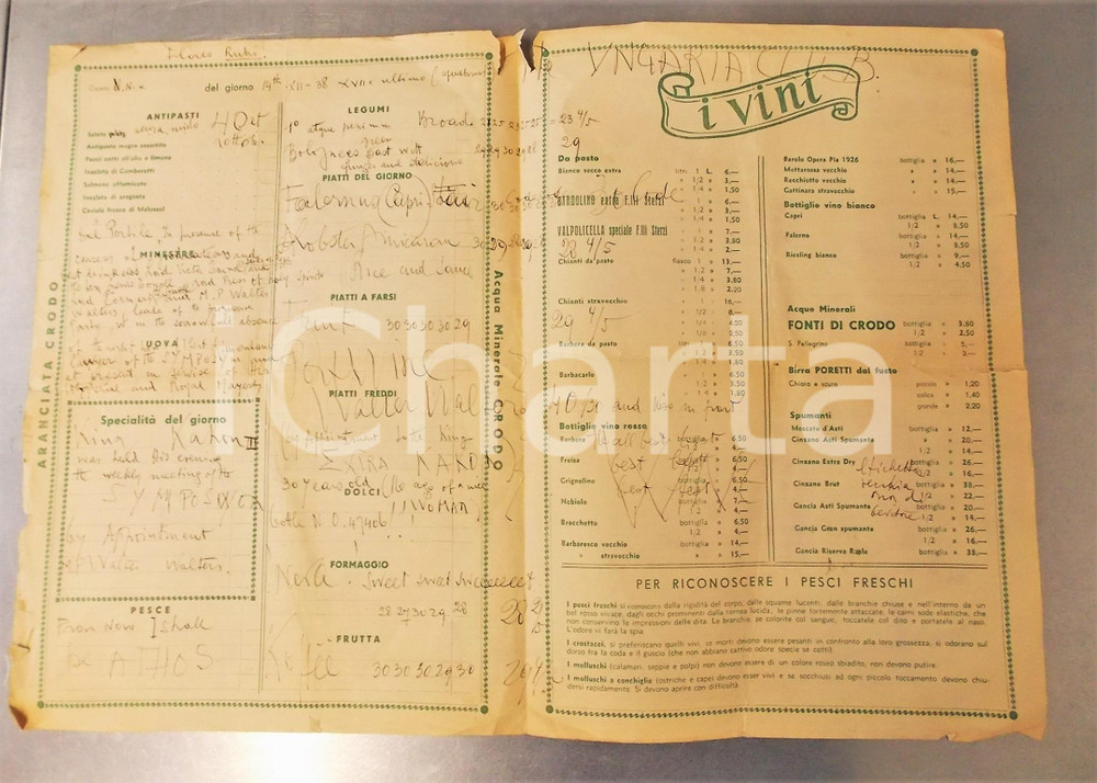 1938 MILANO IL CAVALLINO BIANCO Ristorante birreria - Menù VINTAGE 25x35