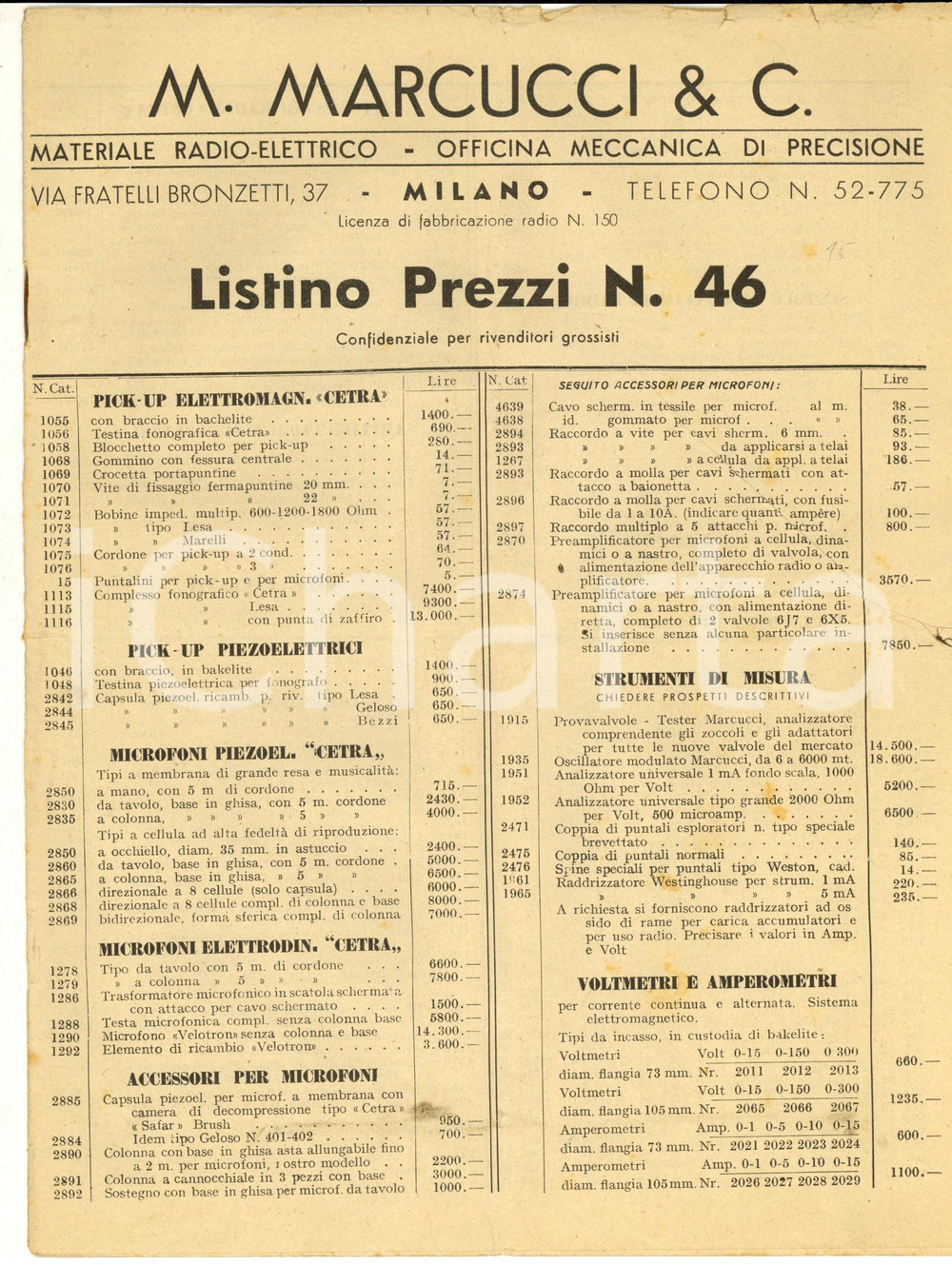 1946 MILANO Ditta M. MARCUCCI Materiale radio-elettrico - Meccanica - Listino 