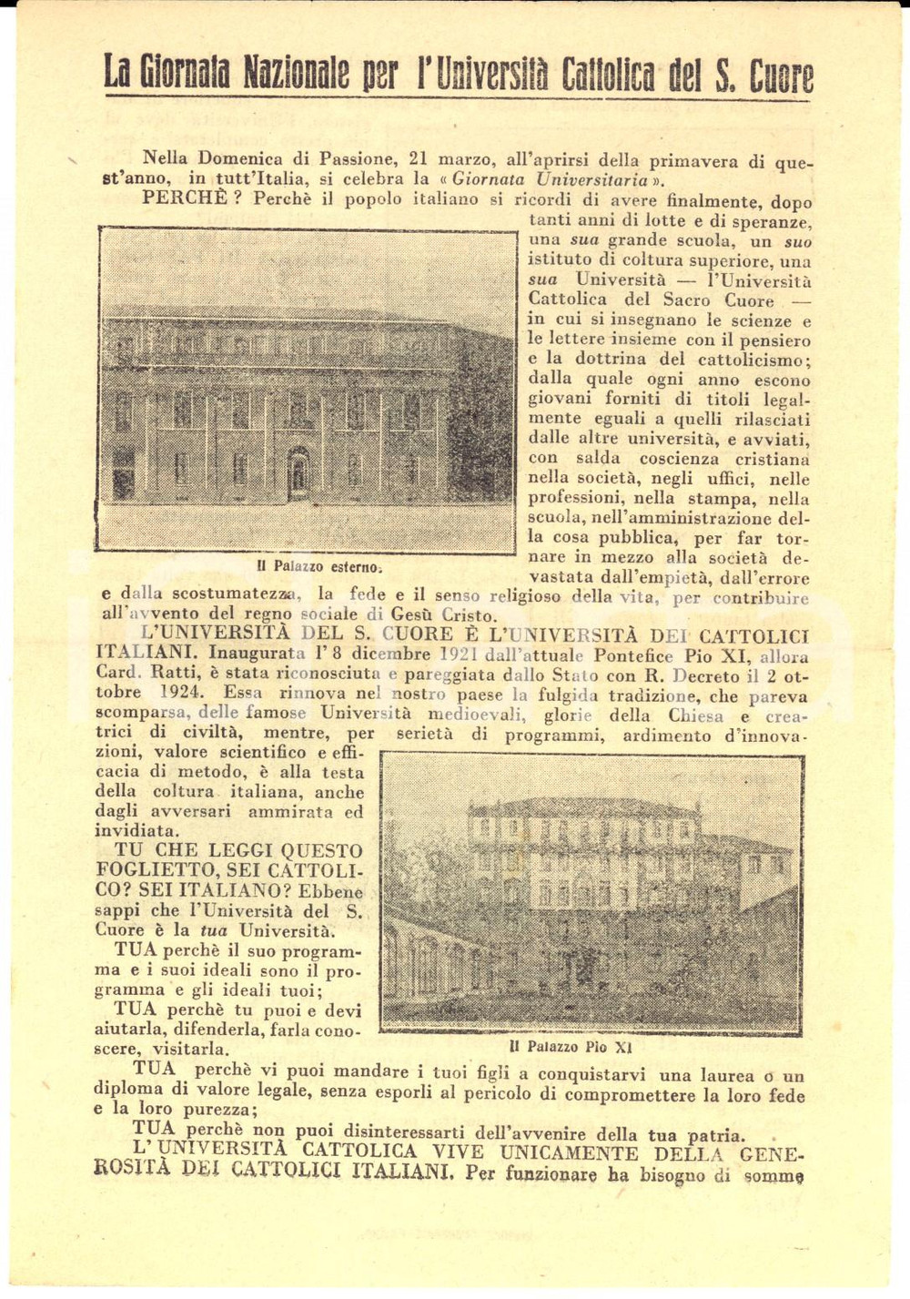 Materiale pubblicitario d’epoca 1920 ca MILANO UniversitÃ  Cattolica del S. Cuore  Giornata Nazionale Volantino 1
