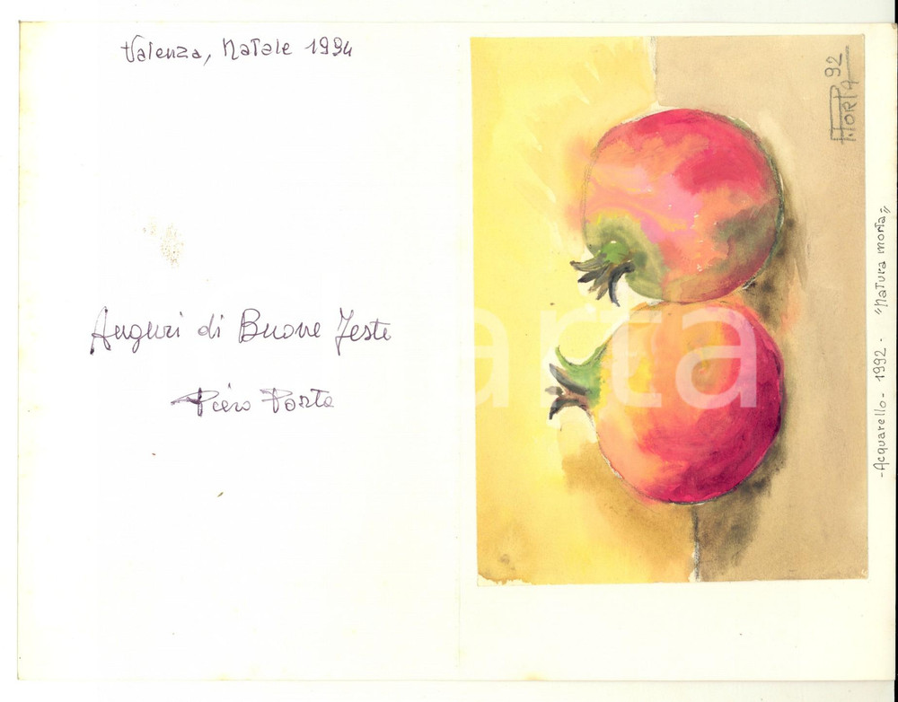 1994 VALENZA Acquerello Piero PORTA su biglietto auguri - AUTOGRAFO