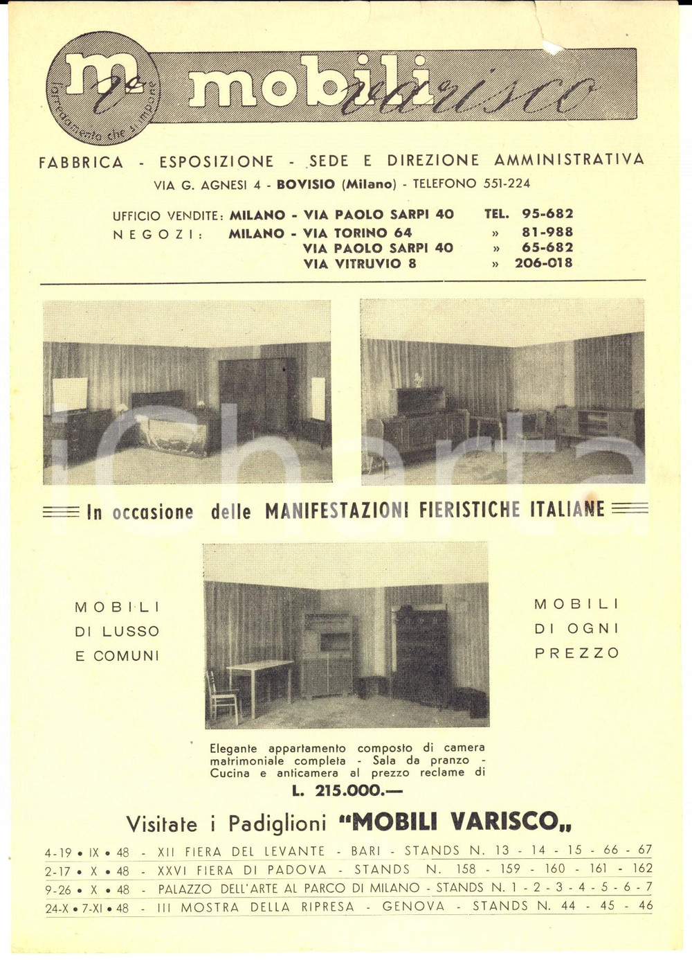 1948 MILANO Mobili VARISCO - Volantino pubblicitario fiere DANNEGGIATO