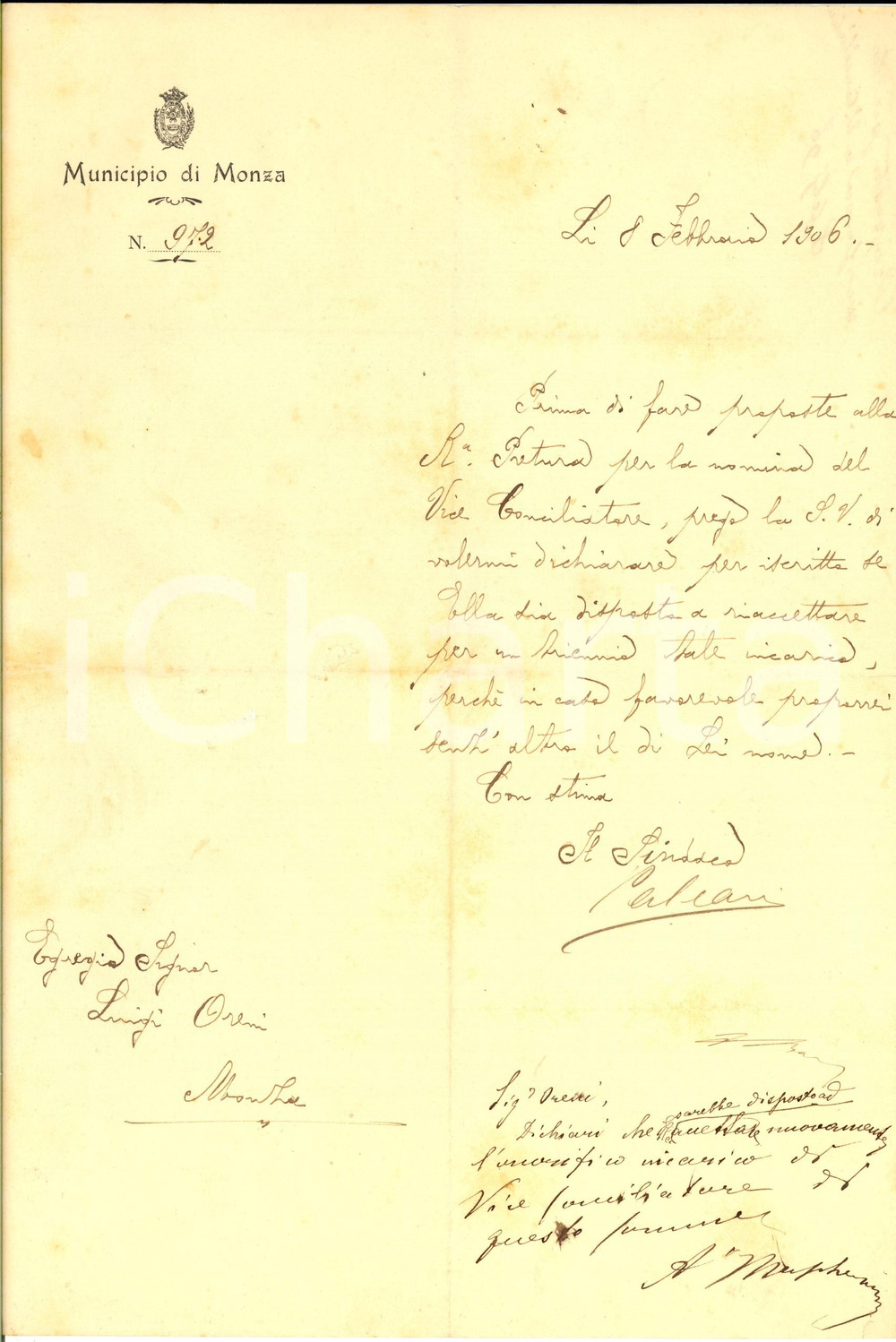 1906 MONZA Sindaco Rodolfo PALEARI su nomina Luigi ORENI vice conciliatore