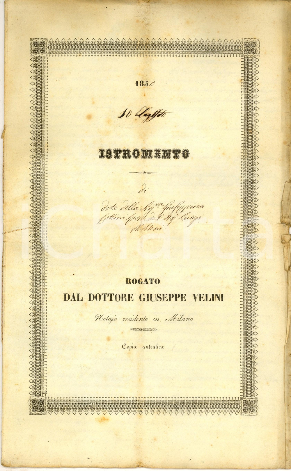 1850 MILANO Atto di dote Giuseppina COTTINI sposa di Luigi MOLTENI - Manoscritto