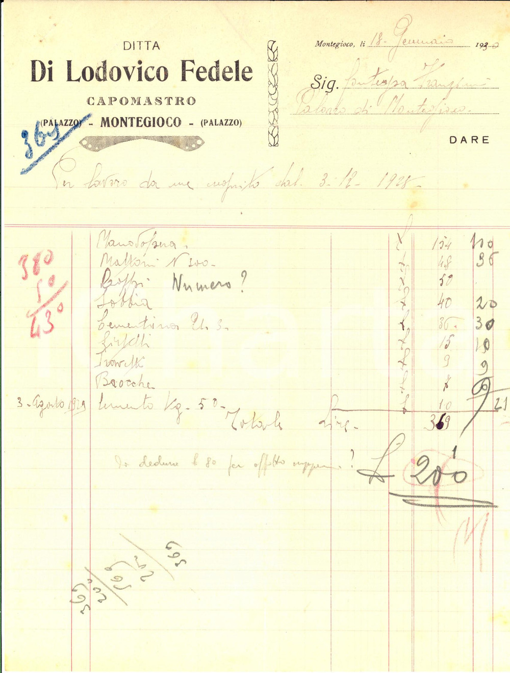 1930 MONTEGIOCO (AL) Ditta Lodovico FEDELE Capomastro - Conto manoscritto