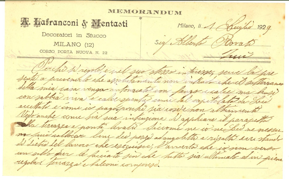 1929 MILANO Ditta A. LANFRANCONI & MENTASTI Decoratori in stucco - Memorandum