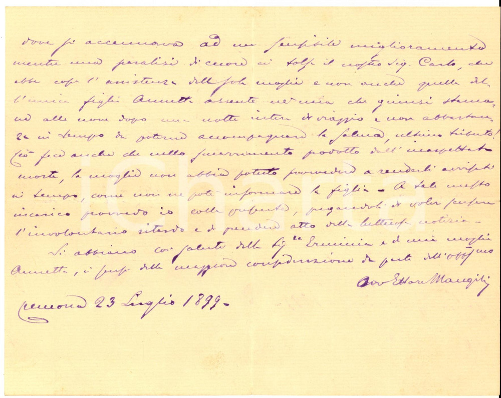 1899 CREMONA Avv. Ettore MANGILI sulla morte improvvisa del suocero *Lettera