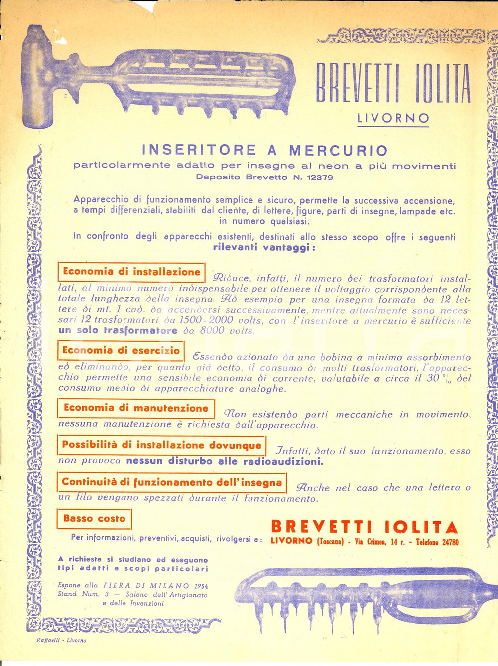 1954 LIVORNO Brevetti IOLITA - Inseritore a mercurio - Volantino DANNEGGIATO