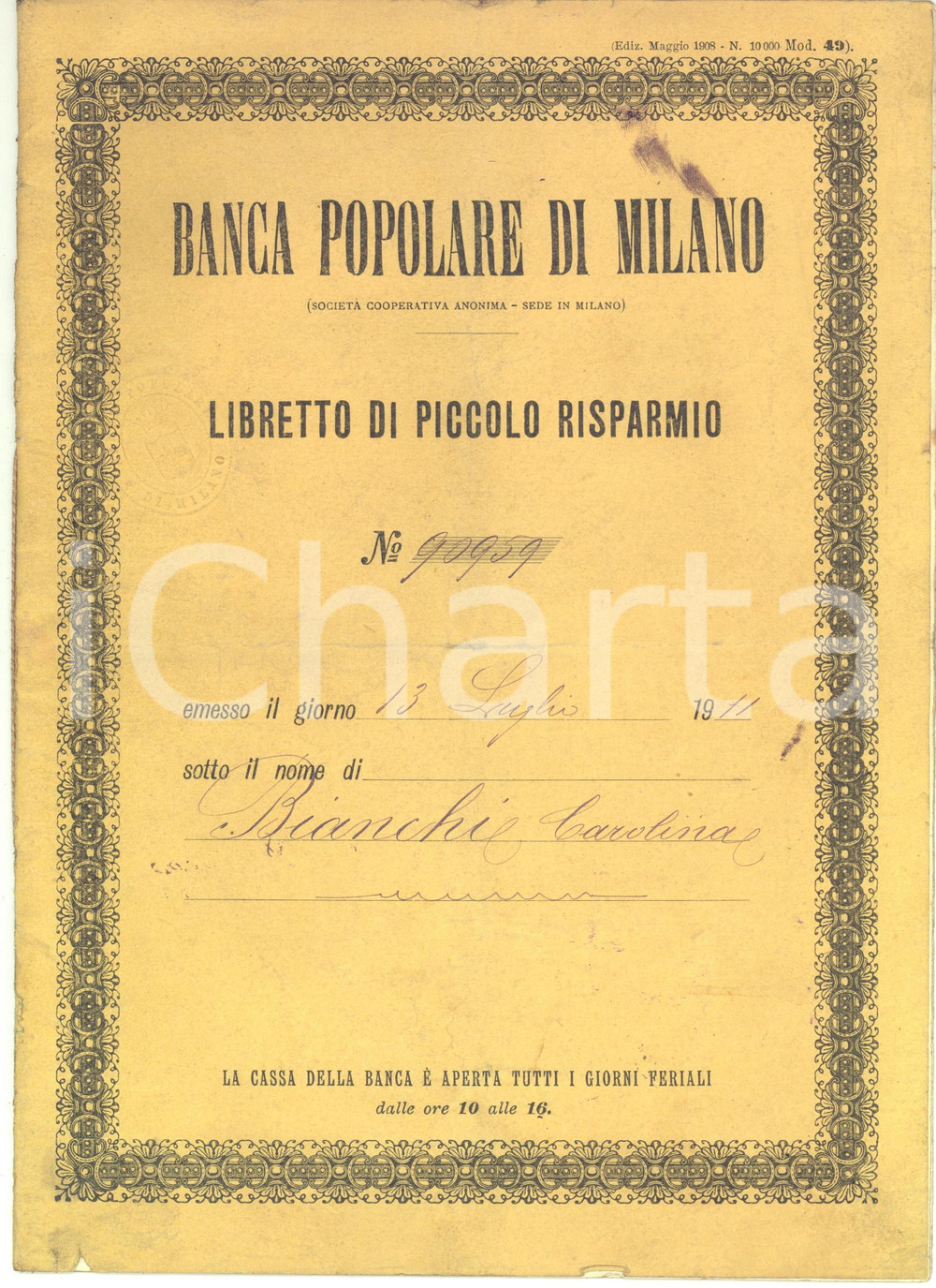 1911 MILANO Banca Popolare di Milano - Libretto di piccolo risparmio - 20x27 cm