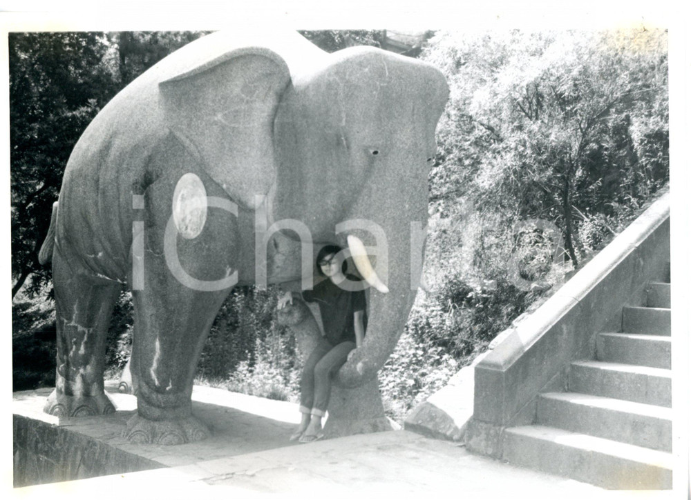 1968 TAIPEI (TAIWAN) Yuantong Temple - Tourist posing with an elephant statue