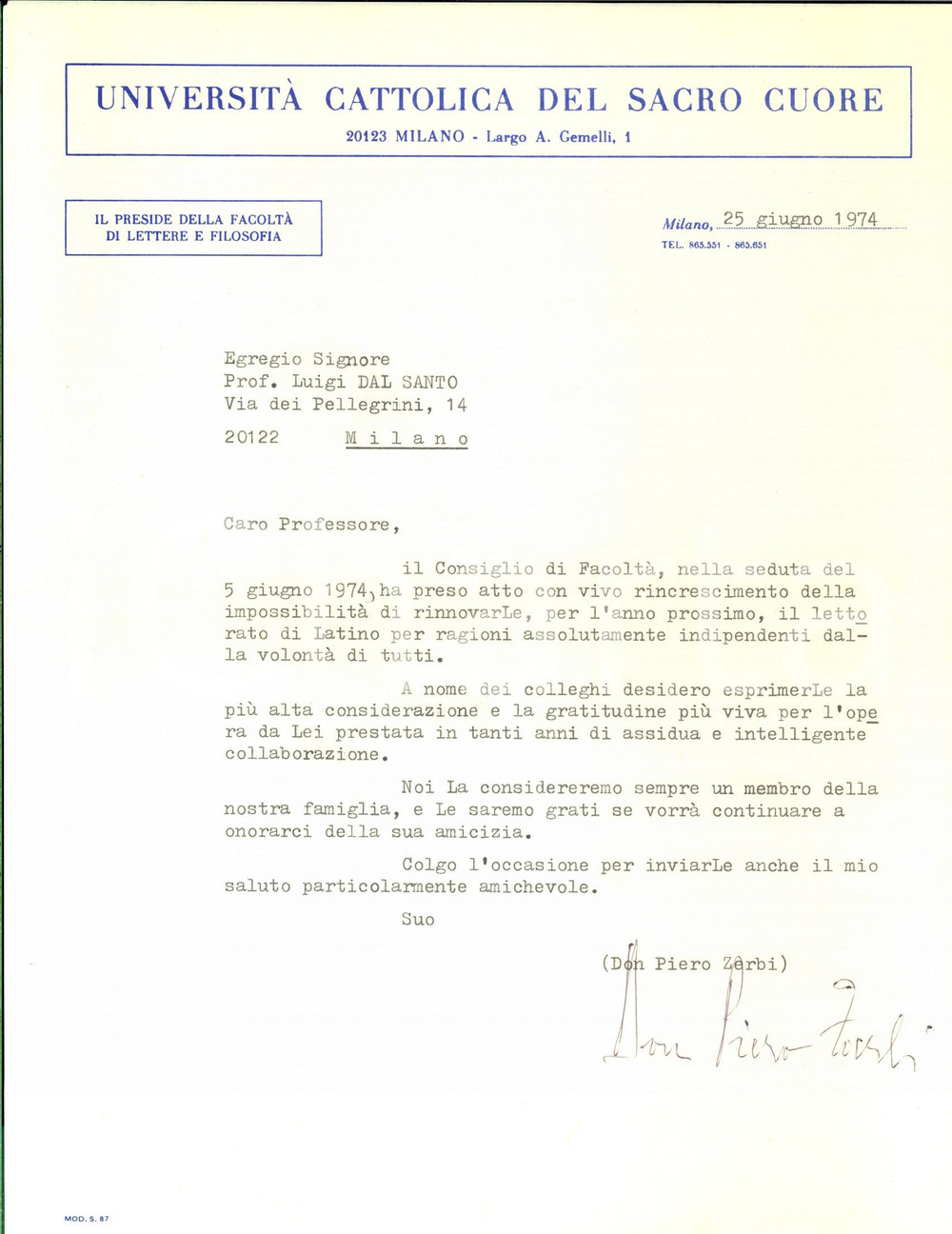 1974 MILANO Università Cattolica - Lettera don Piero ZERBI con autografo