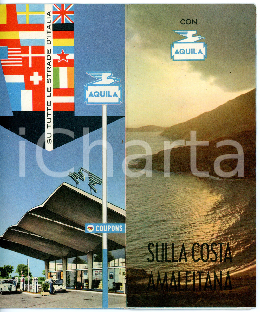 1962 AQUILA ENERGIE Sulla costa amalfitana - Pieghevole illustrato VINTAGE Pieghevole d'epoca, con illustrazioni a colori.  FAIR/discreto minime piegature; lieve strappo Formato: 10x24 cm originale e autentica 1