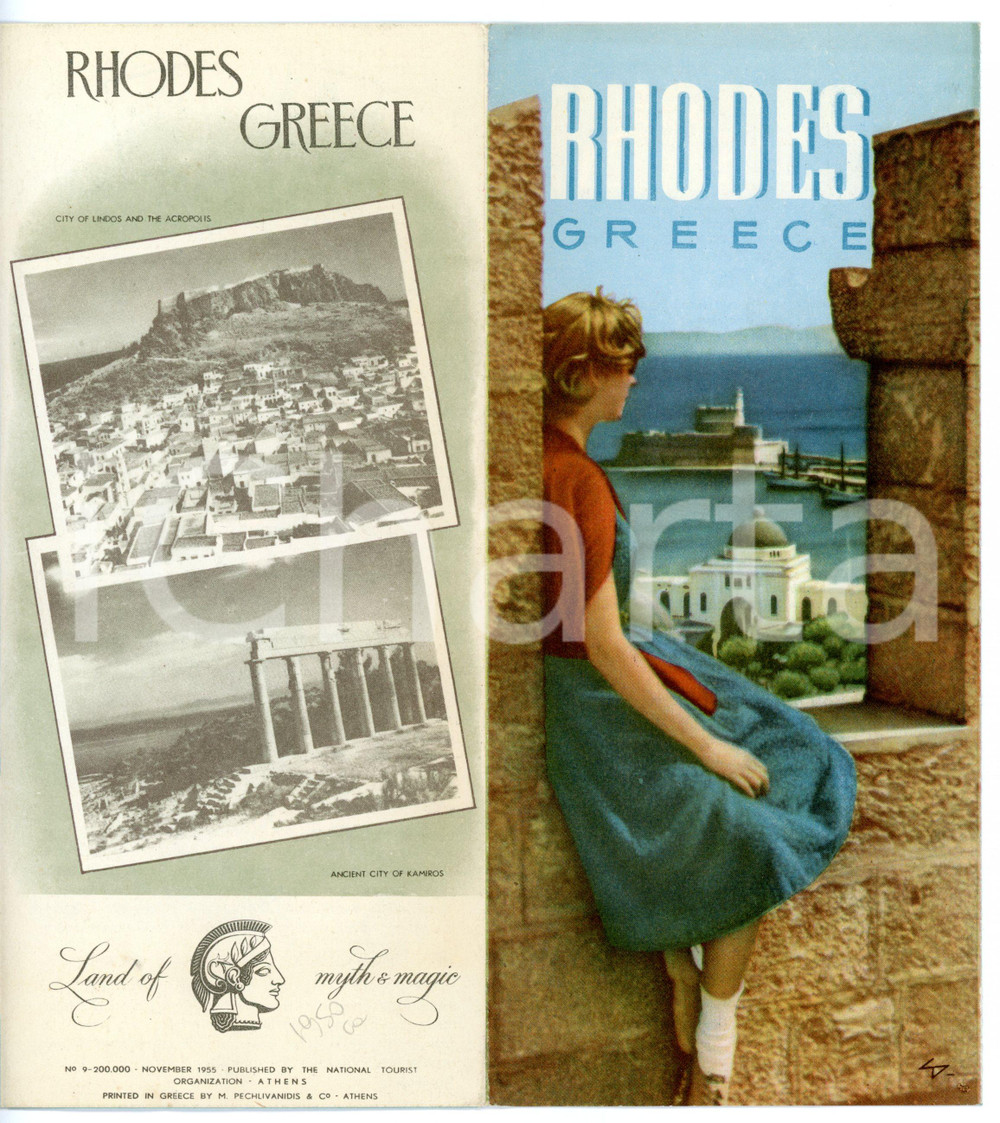 1955 RHODES GREECE Pieghevole turistico con mappa *NATIONAL TOURIST ORGANIZATION