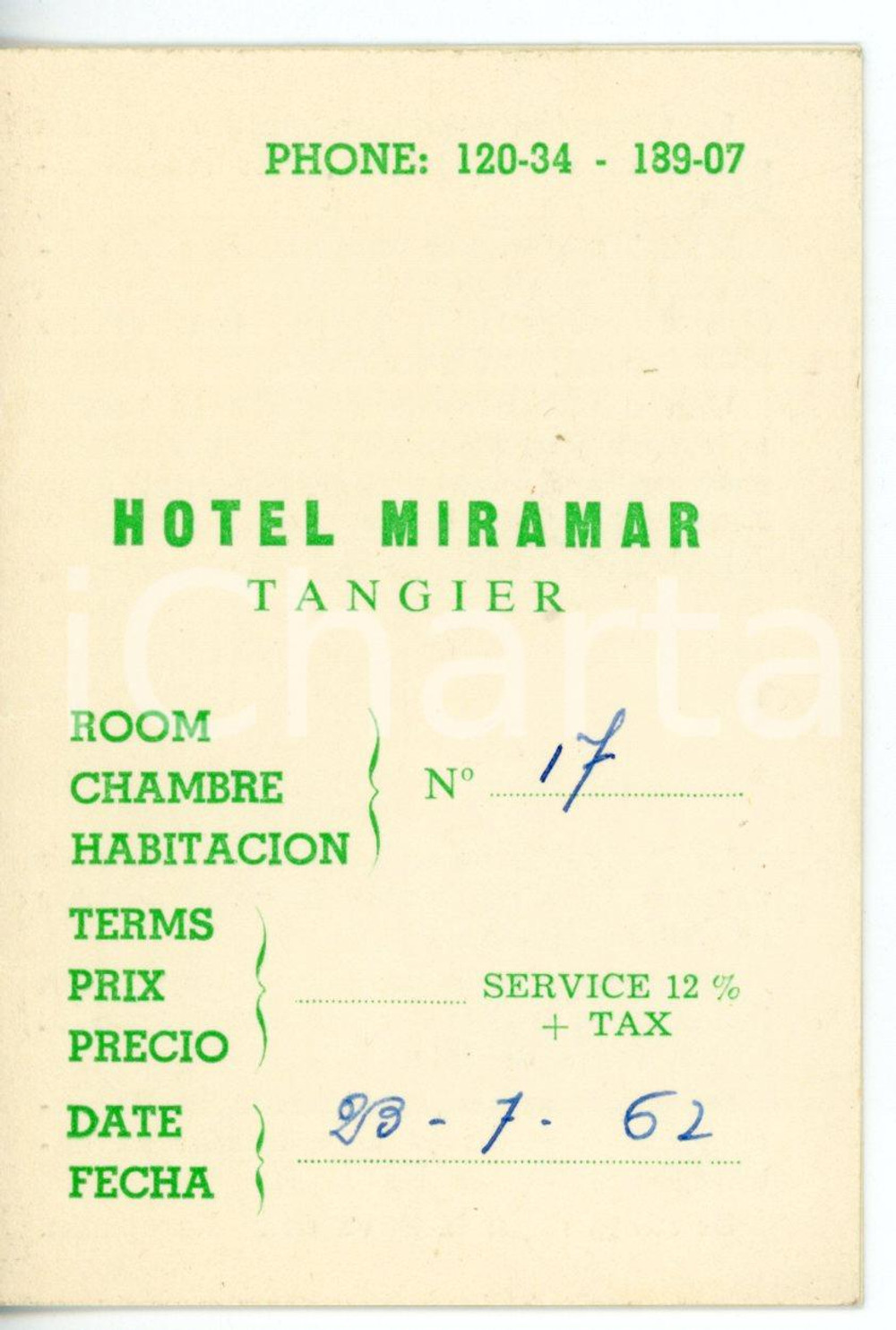 1962 TANGIER Hotel Miramar - Biglietto con regolamento per gli ospiti VINTAGE 