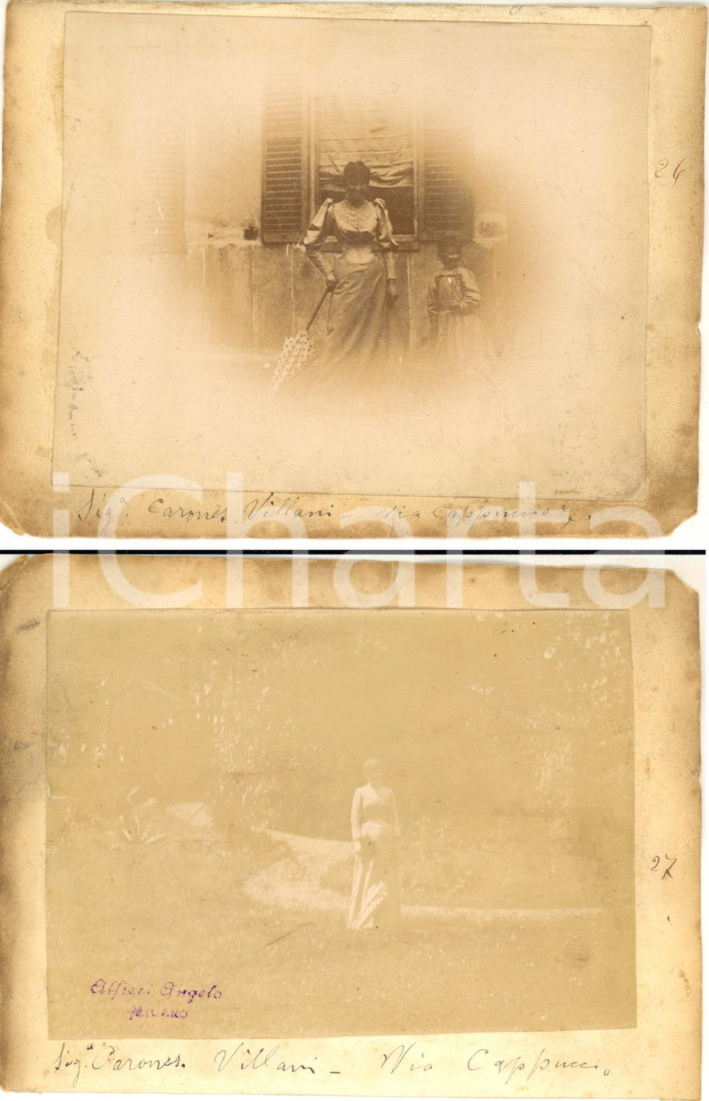 1900 ca MILANO Via Cappuccio 7 - Ritratti signora CARONES VILLANI - 2 foto