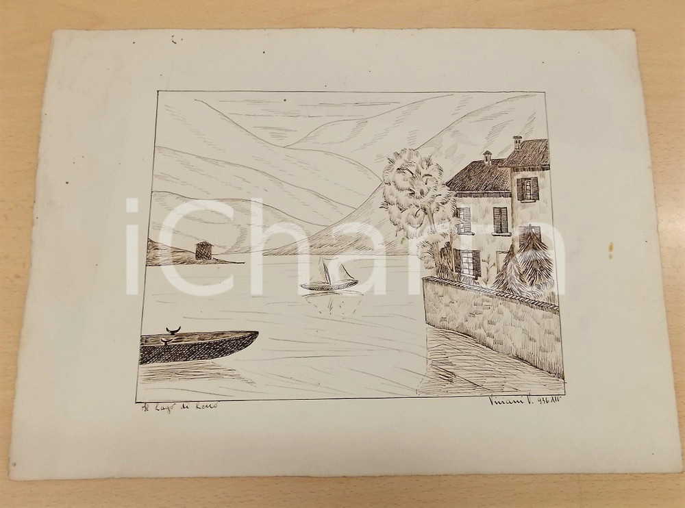 1936 ARTE V. VIVIANI Il Lago di Lecco - Disegno a china 33x24 cm