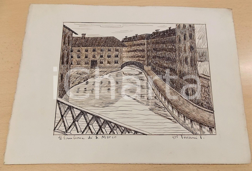 1935 ARTE V. VIVIANI Milano - Tombone di S. Marco - Disegno a china 33x24 cm
