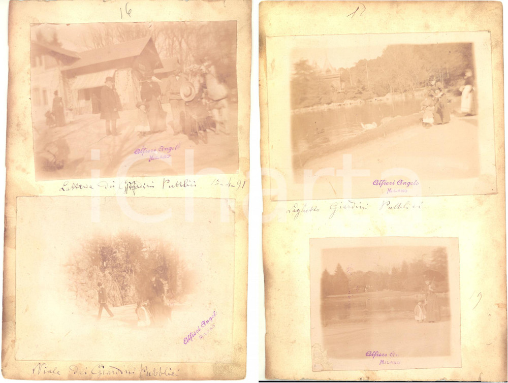 1891 MILANO Giardini Pubblici - Latteria e laghetto - 4 Foto VINTAGE ANIMATE