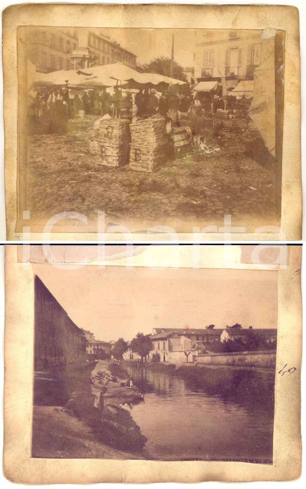 1900 ca MILANO Un mercato rionale - Naviglio - 2 foto VINTAGE ANIMATE 14x11