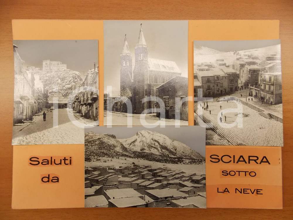 1960 ca SCIARA Piazza Castelreale sotto la neve *Bozzetto per cartolina 32x23 cm