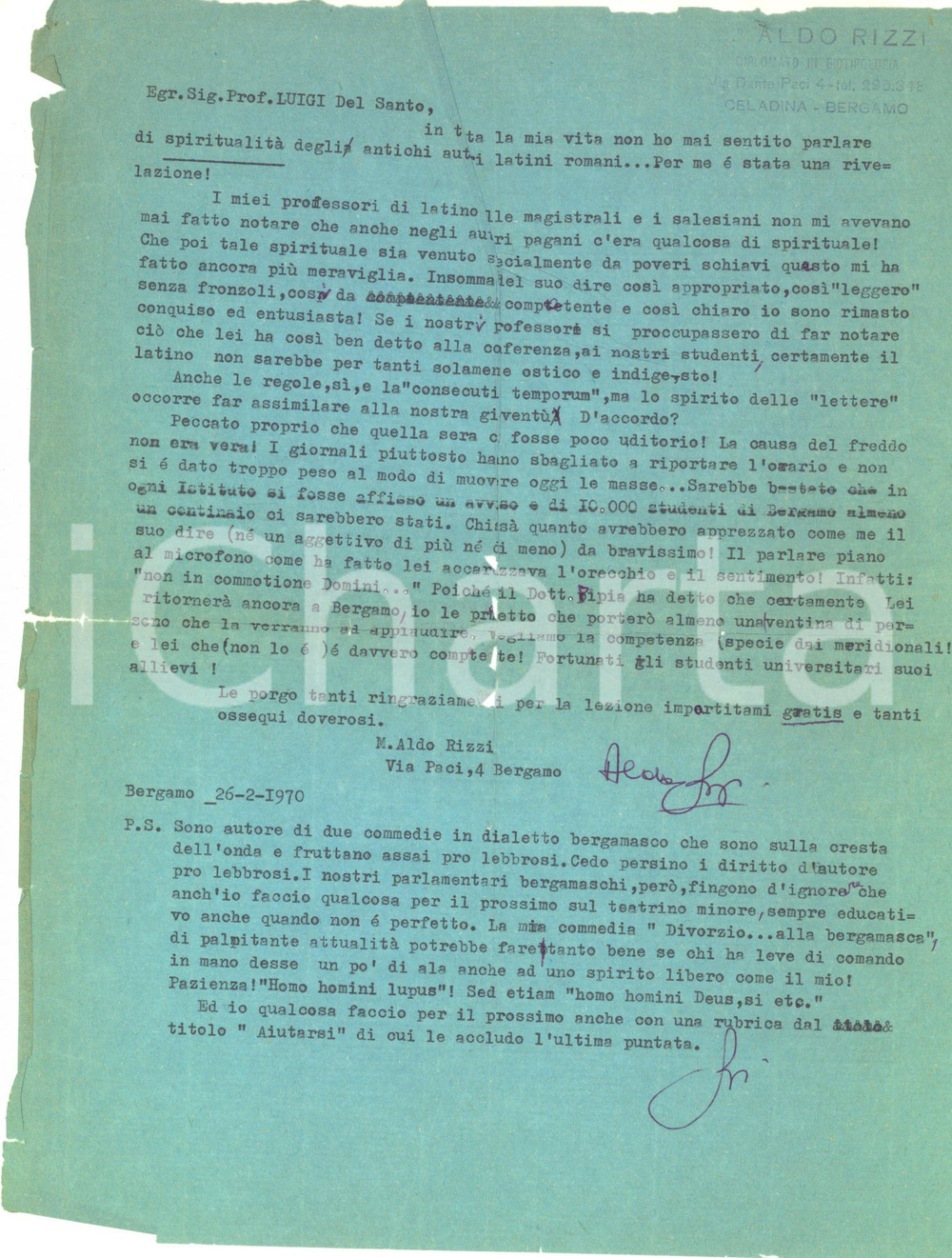 1970 BERGAMO Lettera Aldo RIZZI autore di commedie pro lebbrosi - AUTOGRAFO