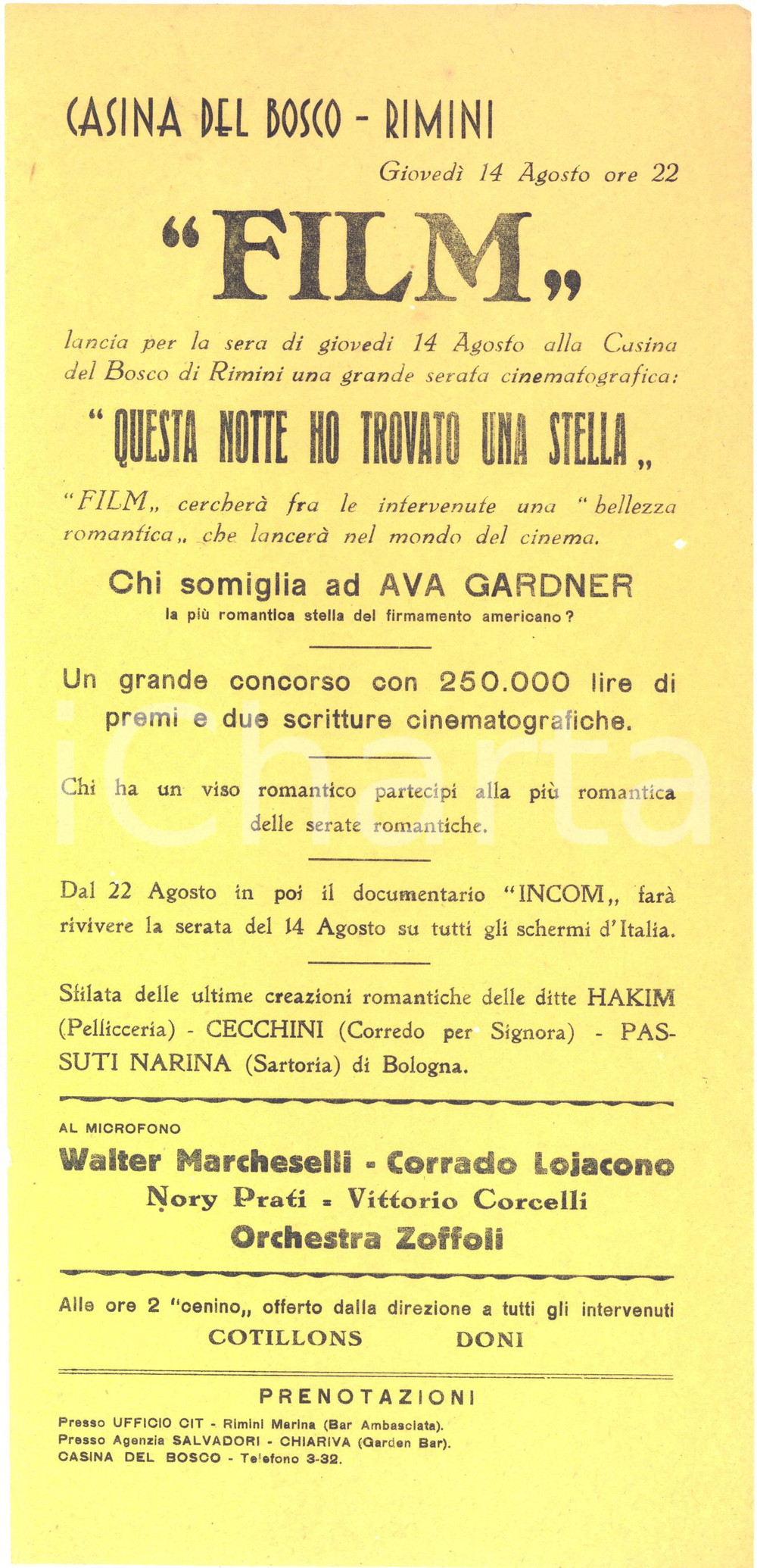1950 ca RIMINI Casina del Bosco - Locandina FILM "Ho trovato una stella" (1) Locandina d'epoca, relativa alla serata organizzata dalla "Film" per trovare volti nuovi.  CONDIZIONI: FAIR (piegatura centrale d'epoca e minimo foro centrale)FORMATO: 16x34 cm    originale e autentica 1