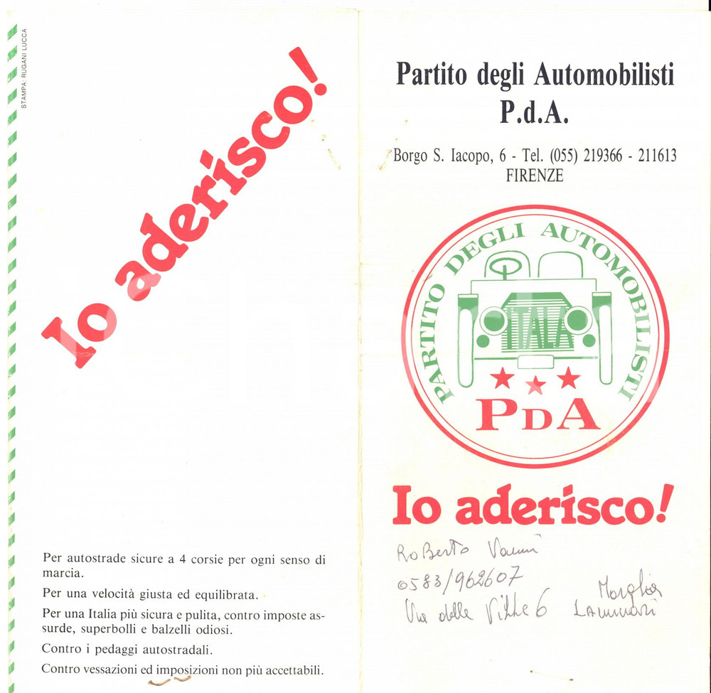 1989 FIRENZE PARTITO DEGLI AUTOMOBILISTI Pieghevole pubblicitario