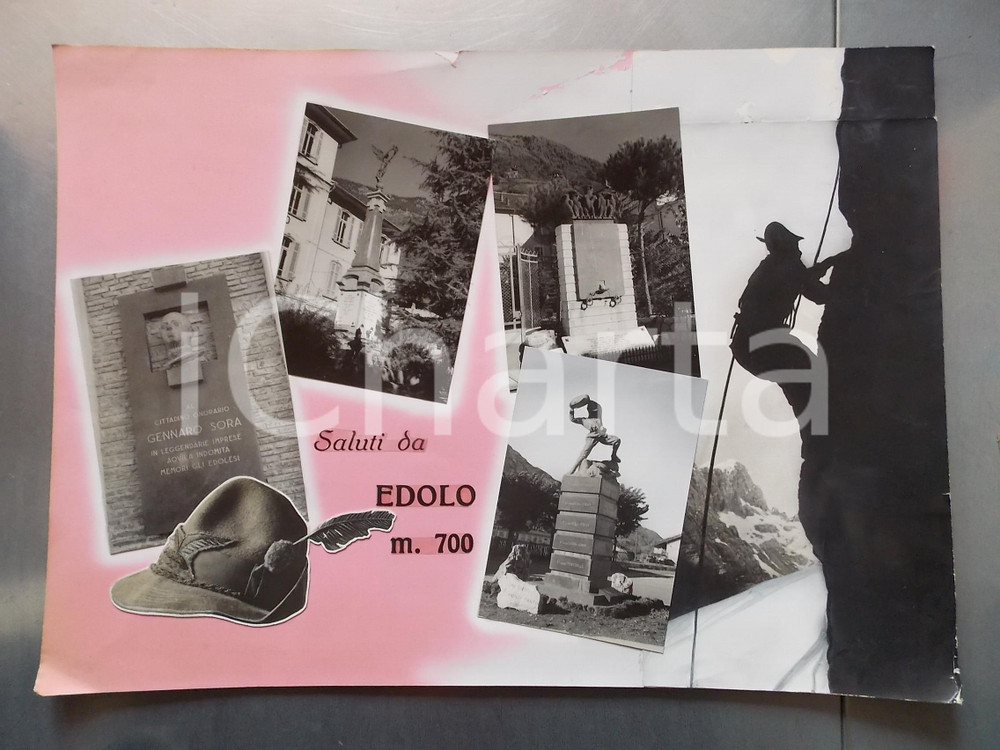 1960 ca EDOLO Stele in memoria di Gennaro SORA *Bozzetto per cartolina 50x35 cm Bozzetto preparatorio per cartolina postale.Collage su cartoncino morbido.  CONDIZIONI: POOR (piegature e abrasioni) FORMATO: 50x35 cm    originale e autentica 1