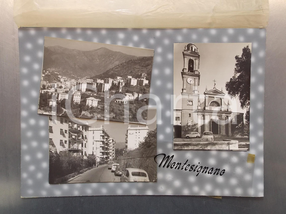 1960 ca GENOVA - MONTESIGNANO Chiesa SAN MICHELE *Bozzetto per cartolina 35x24 Bozzetto preparatorio per cartolina postale.Collage su cartoncino morbido. CONDIZIONI: POOR (macchie alla velina; annotazioni e residui di nastro adesivo al verso; ritaglio in acetato parzialmente scollato) FORMATO: 35x24 cm    originale e autentica 1
