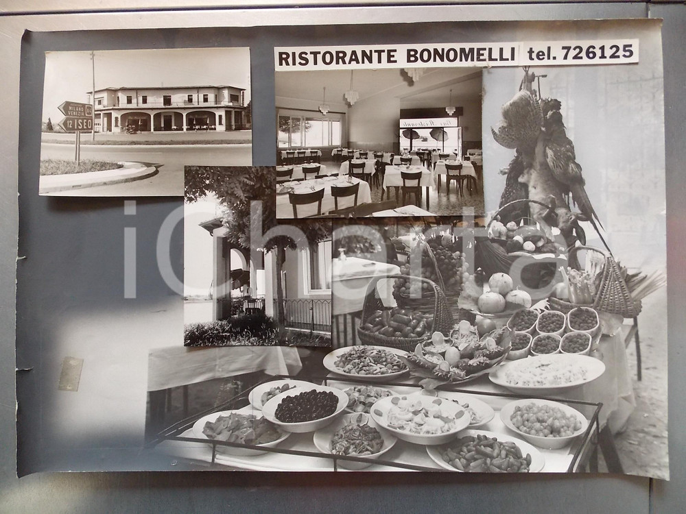 1960 ca ROVATO (BS) Ristorante BONOMELLI *Bozzetto per cartolina 45x30 cm Bozzetto preparatorio per cartolina postale.Collage su cartoncino morbido. CONDIZIONI: POOR (mancanza di una fotografia; piegature) FORMATO: 45x30 cm    originale e autentica 1