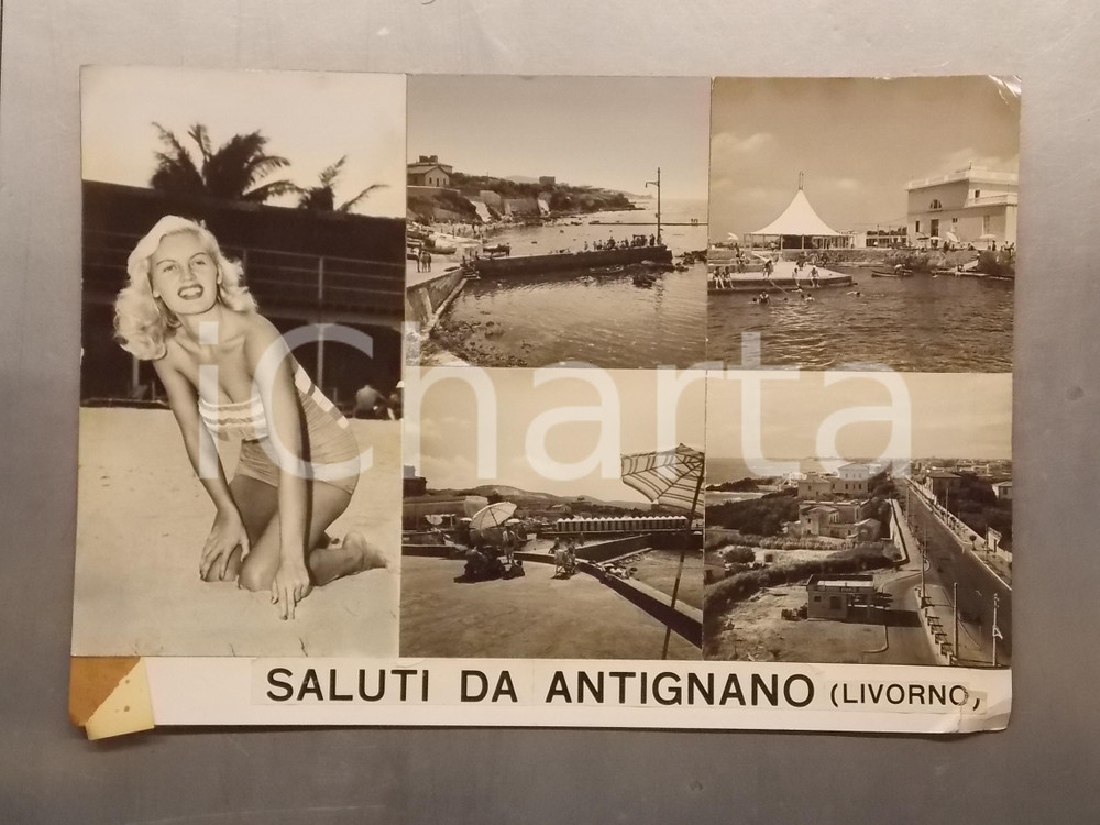 1960 ca ANTIGNANO Vedutine con pin-up sulla spiaggia *Bozzetto cartolina 45x30
