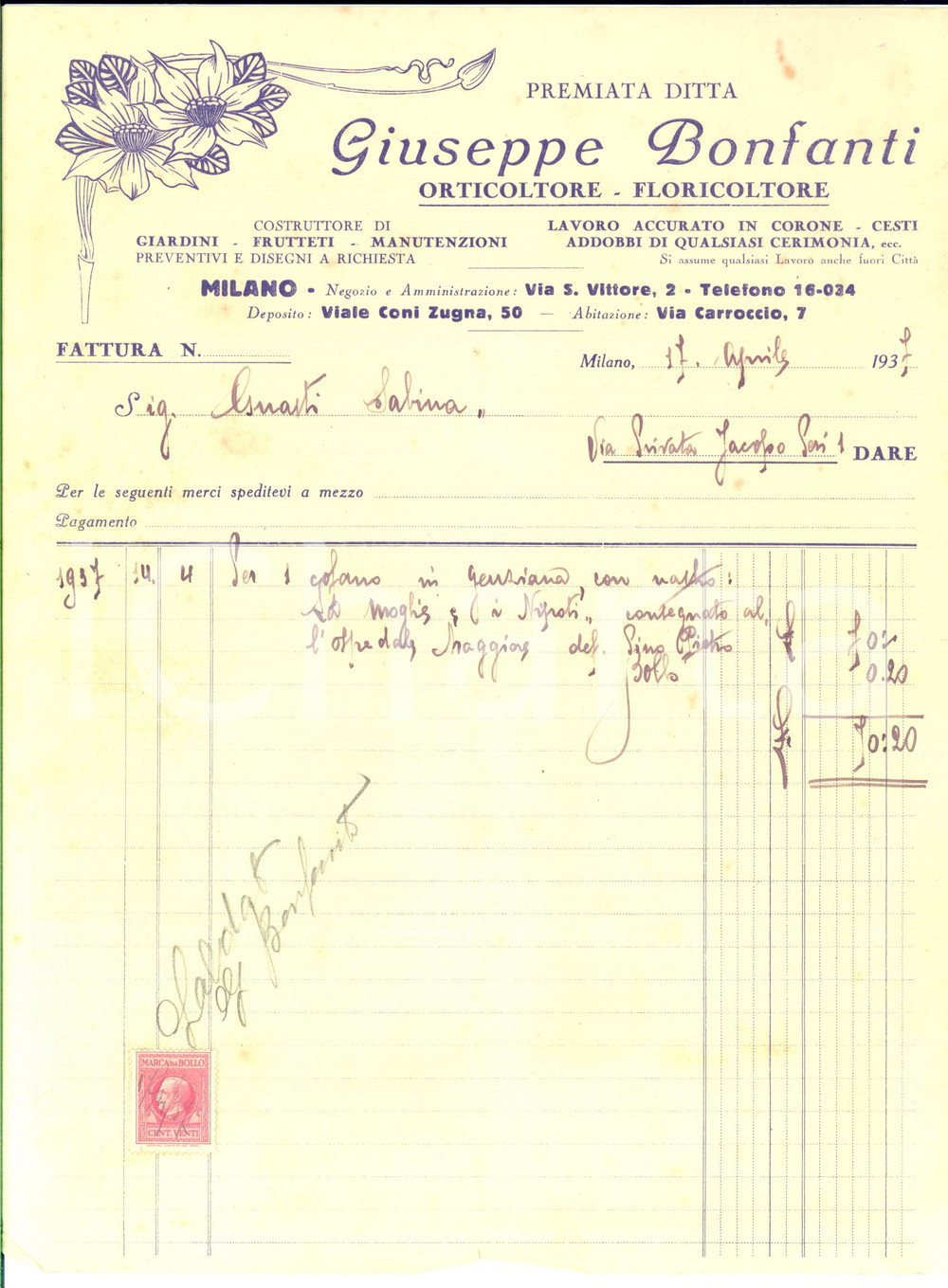 1937 MILANO Premiata ditta Giuseppe BONFANTI orticoltore - Fattura intestata