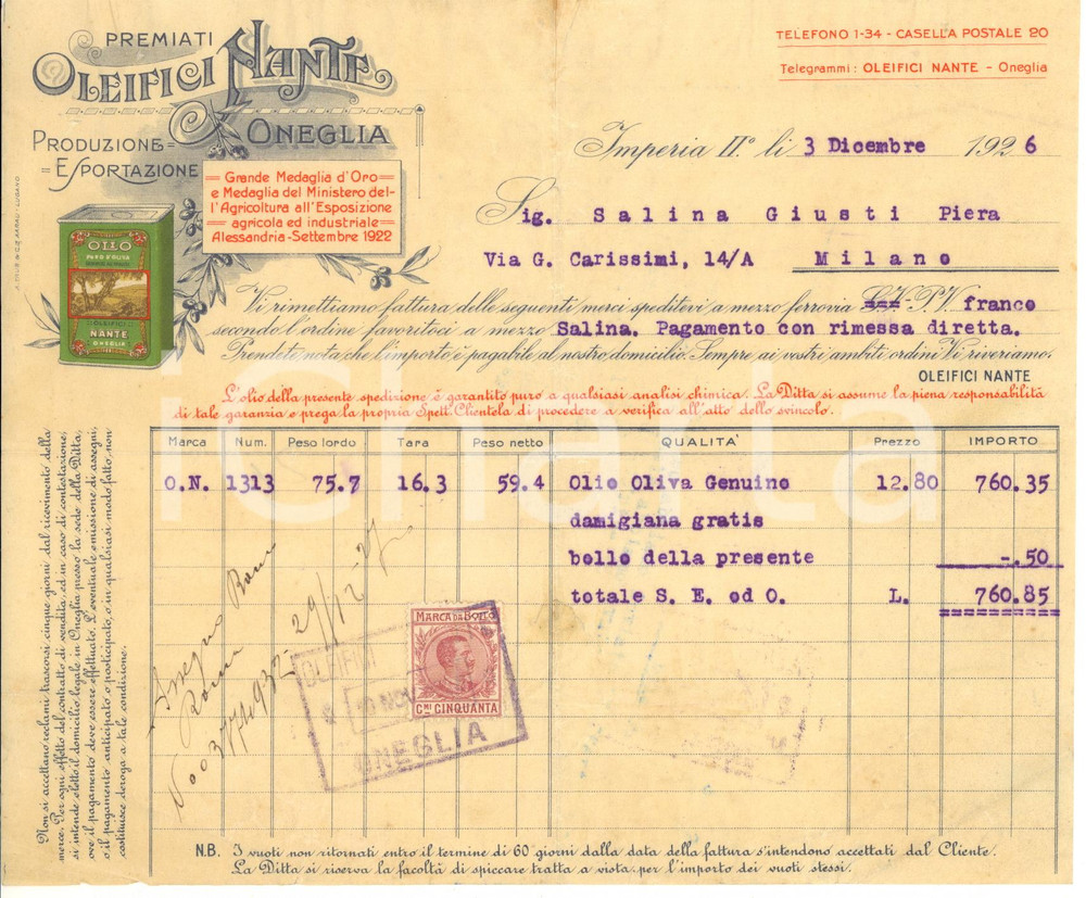 1926 IMPERIA Premiati Oleifici NANTE - Olio oliva - Fattura illustrata con bollo