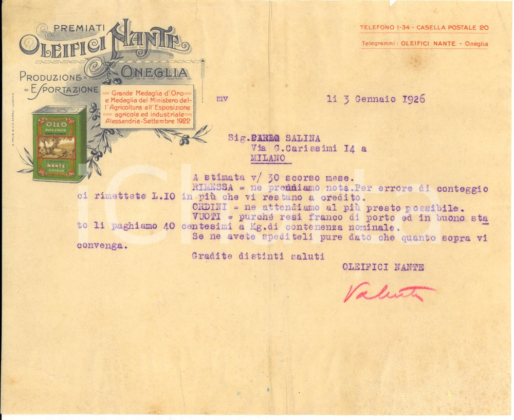 1926 IMPERIA Premiati Oleifici NANTE - Olio oliva - Lettera su carta intestata