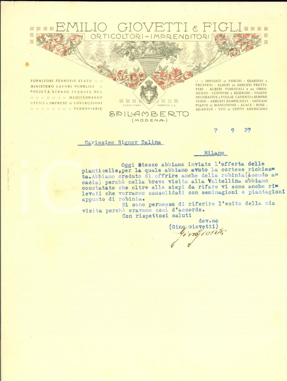 1927 SPILAMBERTO Emilio GIOVETTI & Figli Orticoltori *Lettera su carta intestata