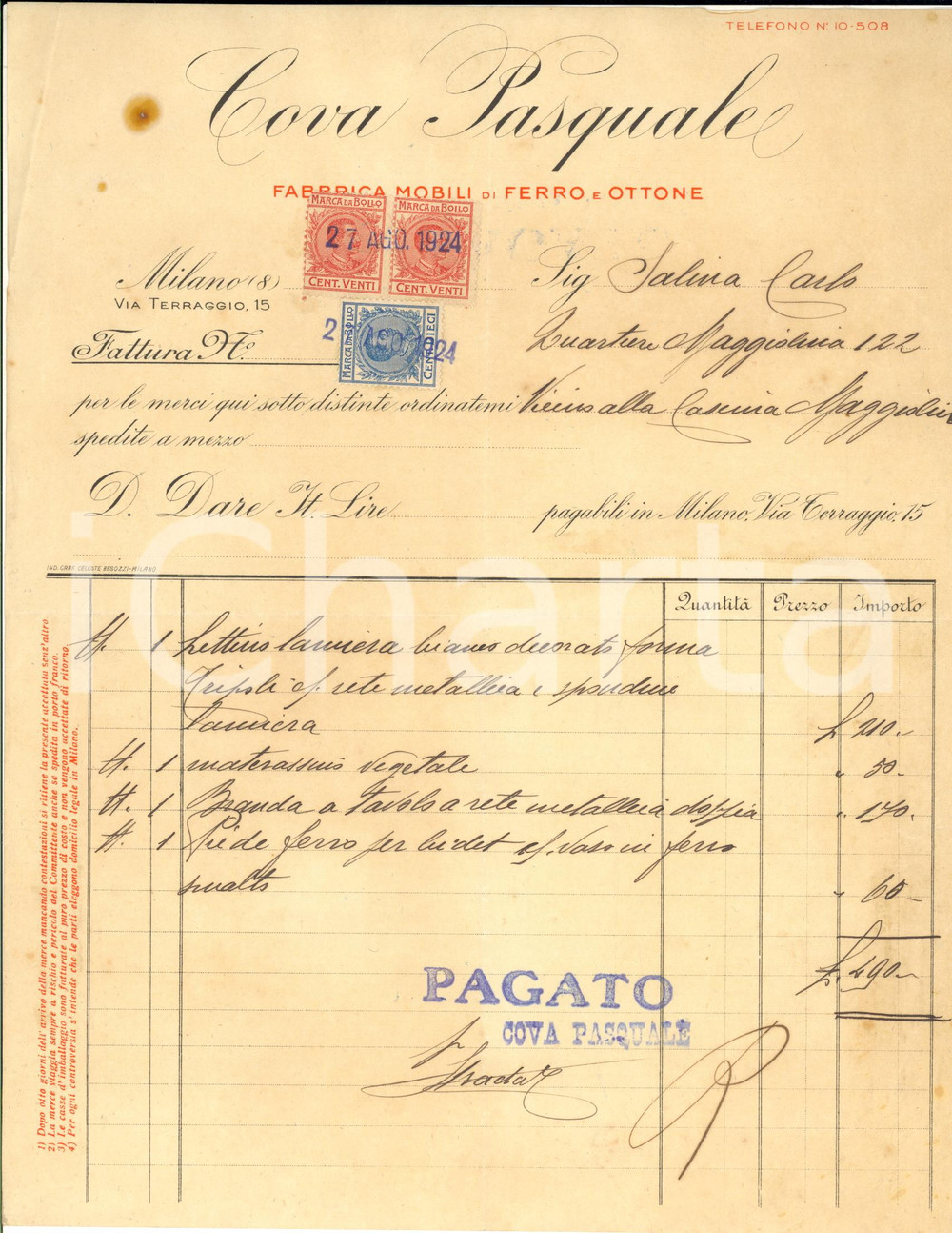 1924 MILANO Via Terraggio - Fabbrica mobili Pasquale COVA - Fattura intestata