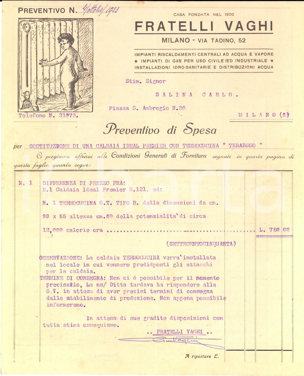 1923 MILANO Ditta Fratelli VAGHI - Preventivo caldaia IDEAL *Carta intestata