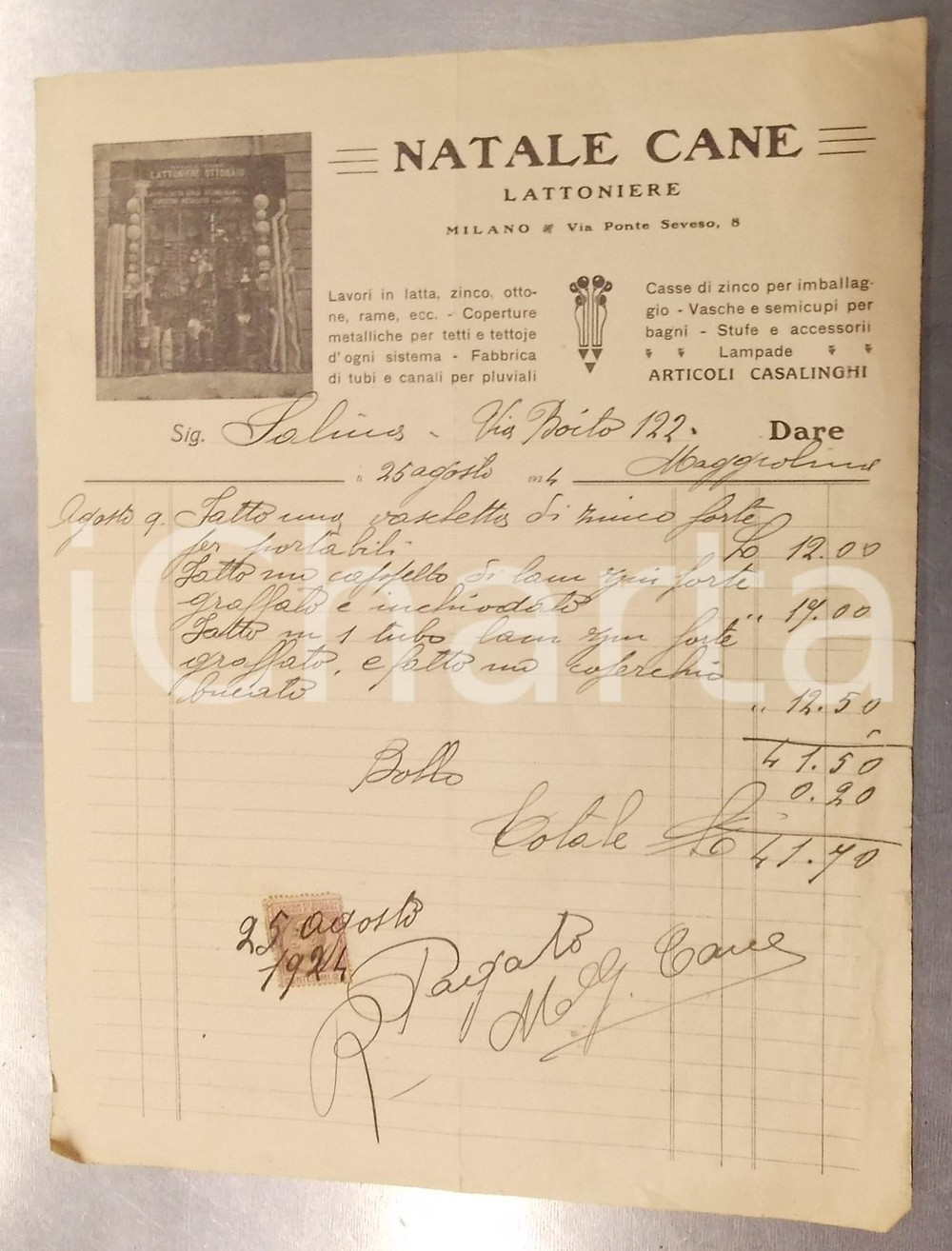 1924 MILANO Via Ponte Seveso - Ditta Natale CANE lattoniere *Fattura illustrata
